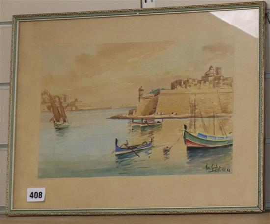 J. Galea, watercolour, View of Valetta harbour, signed and dated Malta 62, 21 x 32cm